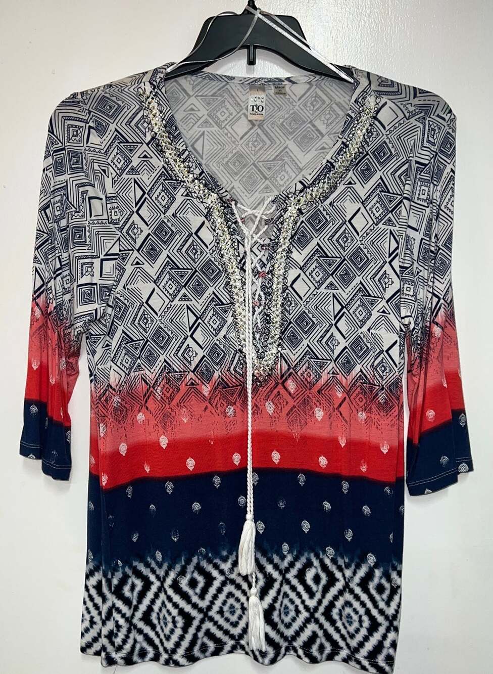 Thomas & Olivia Top 3/4 sleeves Lace Up with Jewels Womens L